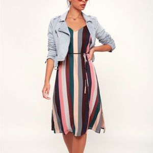 LULUS Erina Mauve Multi Stripe Belted Midi Slip Dress